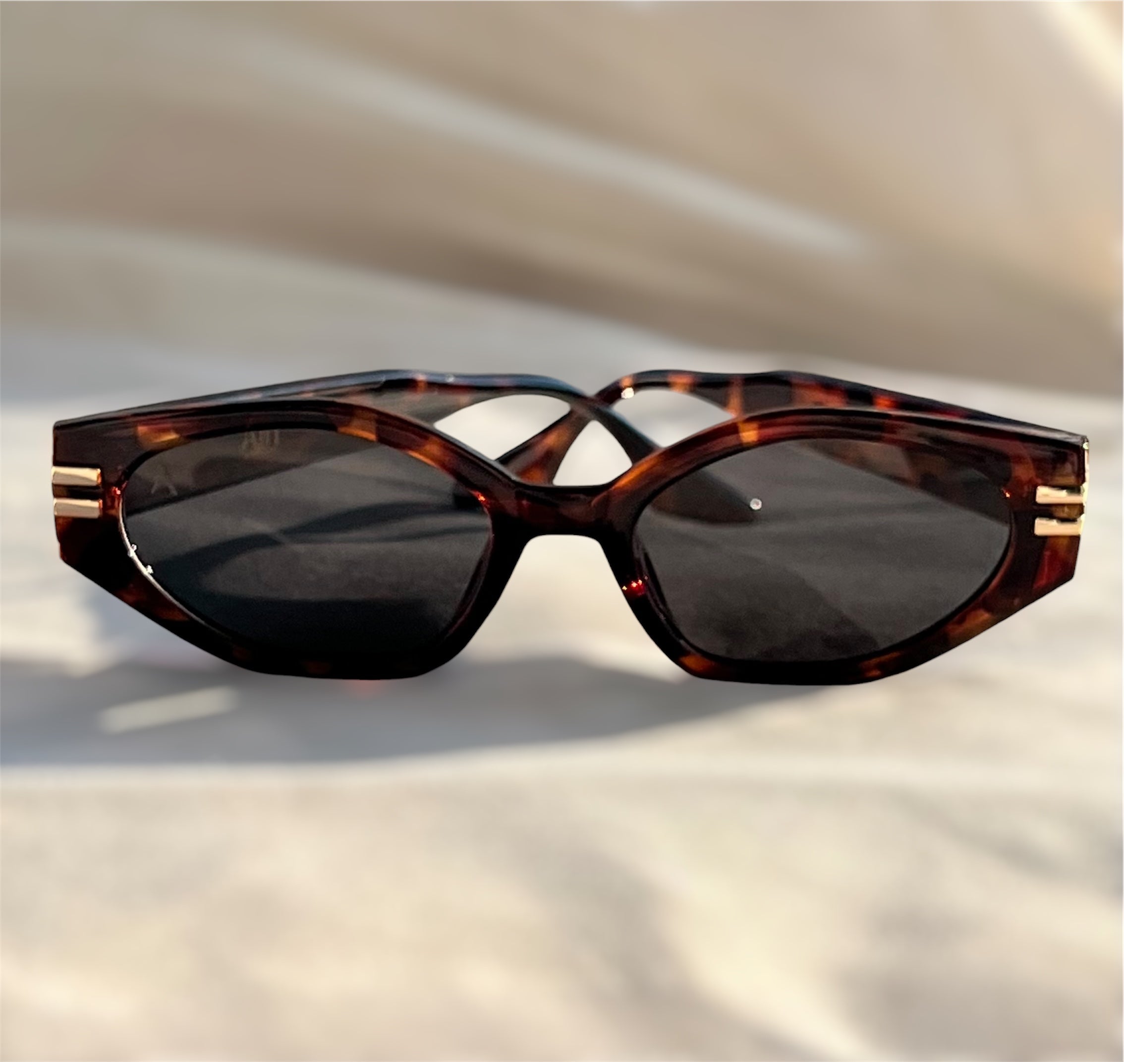 Sunglasses with tortoiseshell frame and dark lenses 