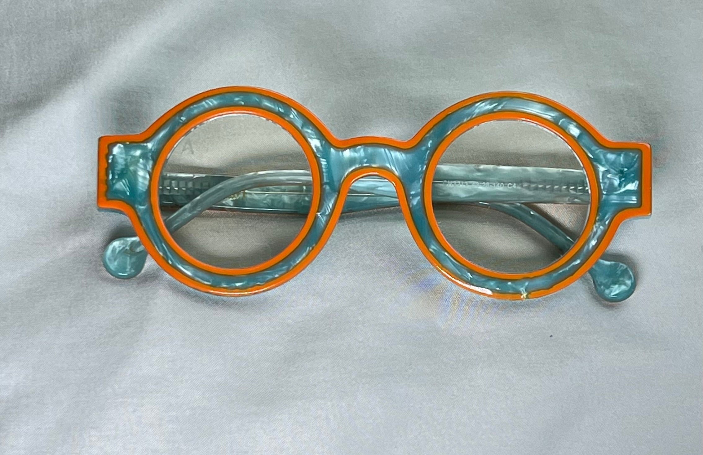 Blue light eyeglasses with turquoise and orange frame Alfieyewear 