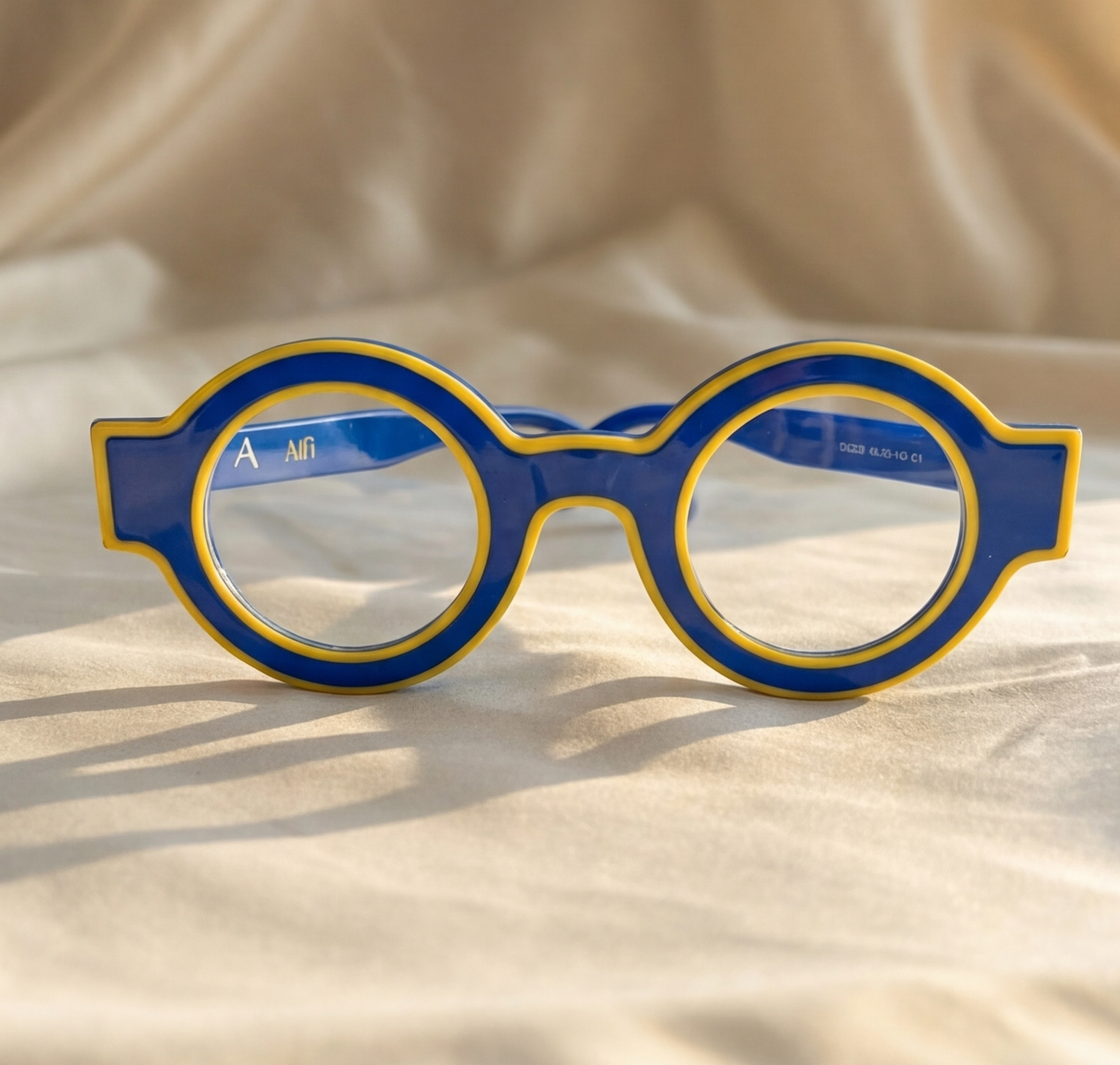 Round eyeglasses with blue frame and gold accents blue light glasses 